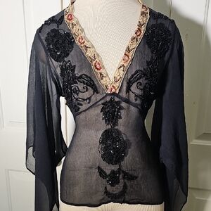 Whimsigoth Womens Sheer Blouse, Withy, Dramatic Bell Sleeves. Beading. Size 6